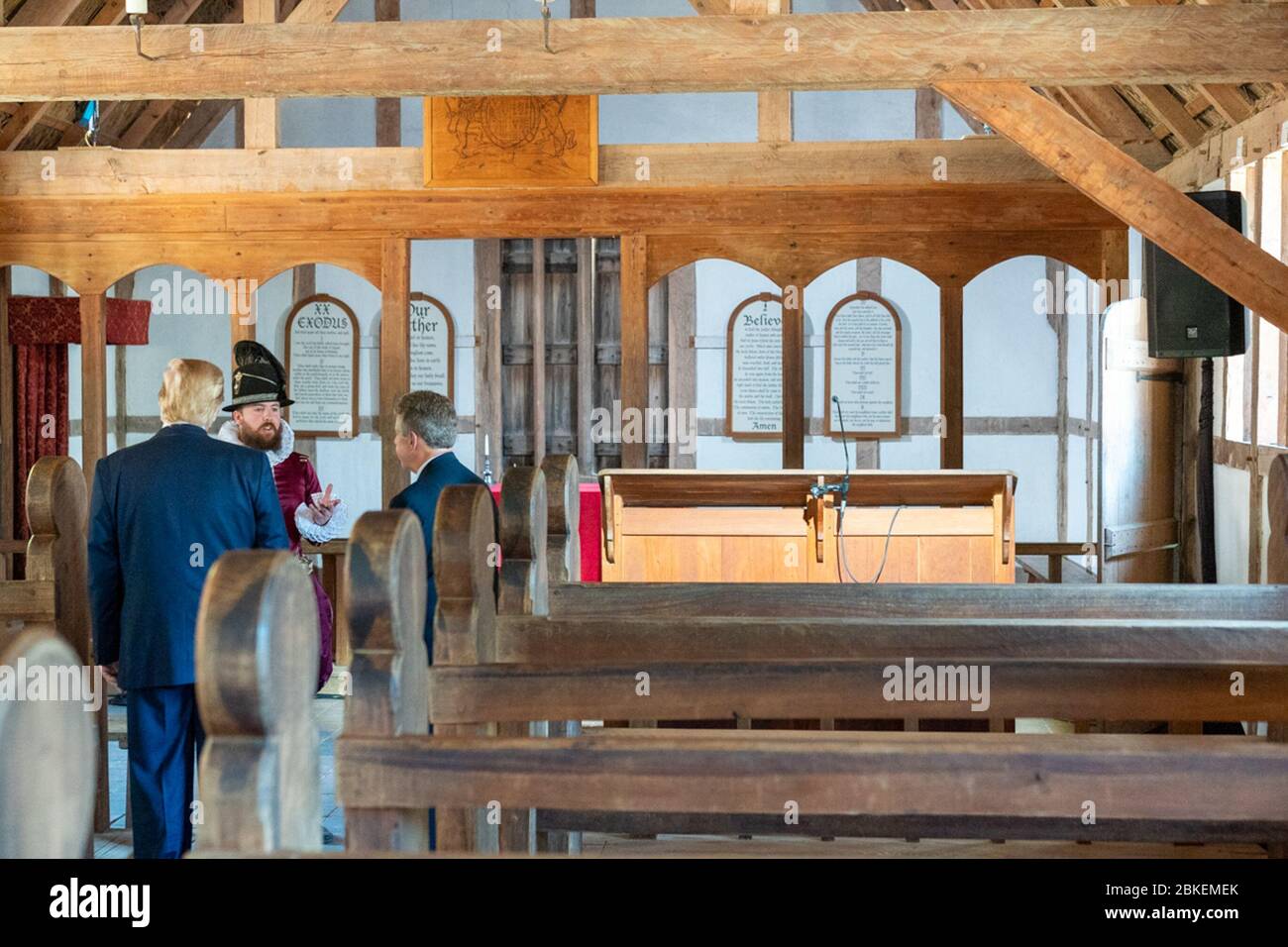 President Donald J. Trump tours the James Fort Replica with Philip Emerson, Executive Director of the James-Yorktown Foundation, Inc. Tuesday, July 30, 2019, at Jamestown Settlement Museum in Williamsburg, Va. President Trump at Jamestown Stock Photo