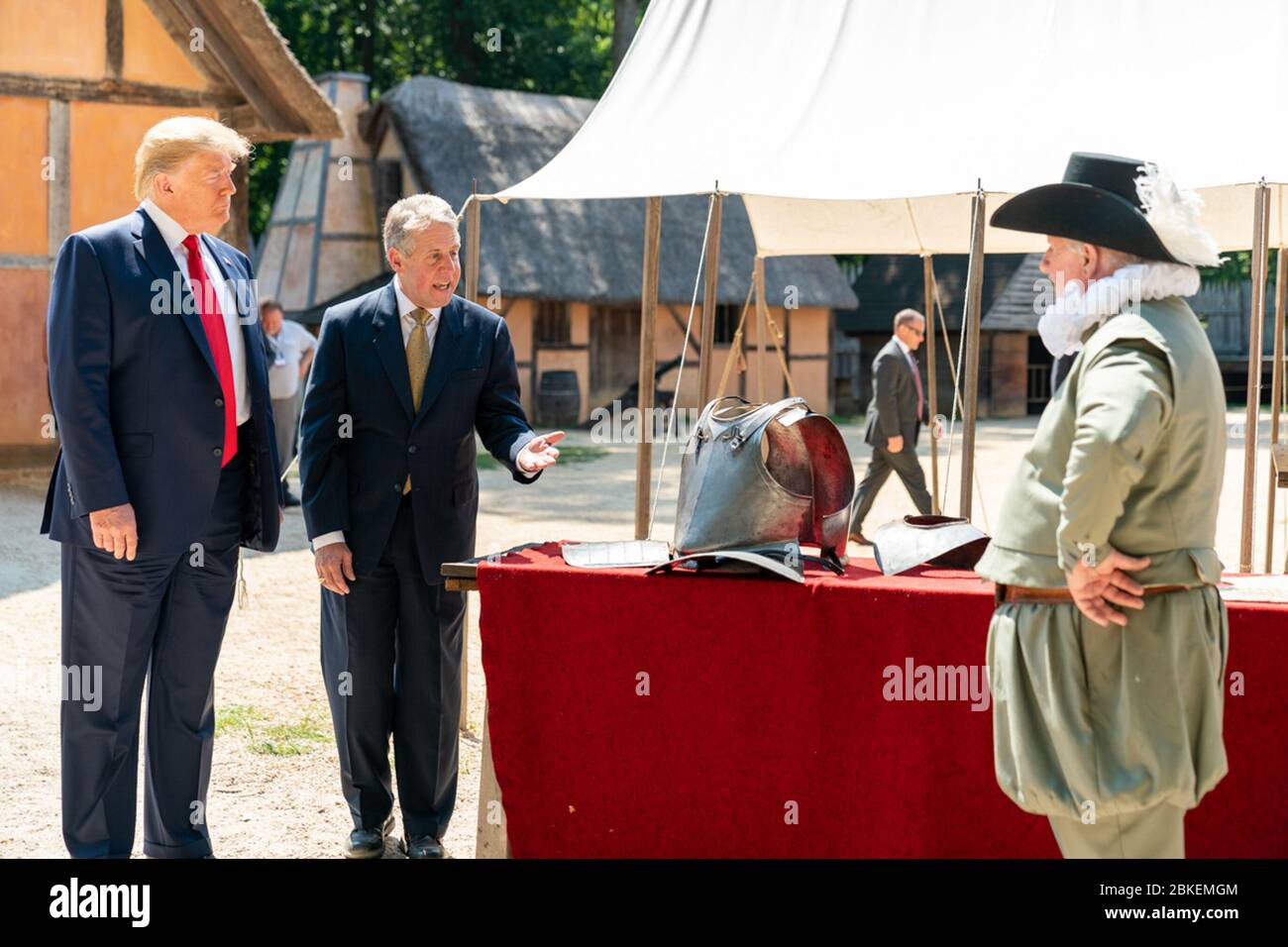 President Donald J. Trump tours the James Fort Replica with Philip Emerson, Executive Director of the James-Yorktown Foundation, Inc. Tuesday, July 30, 2019, at Jamestown Settlement Museum in Williamsburg, Va. President Trump at Jamestown Stock Photo