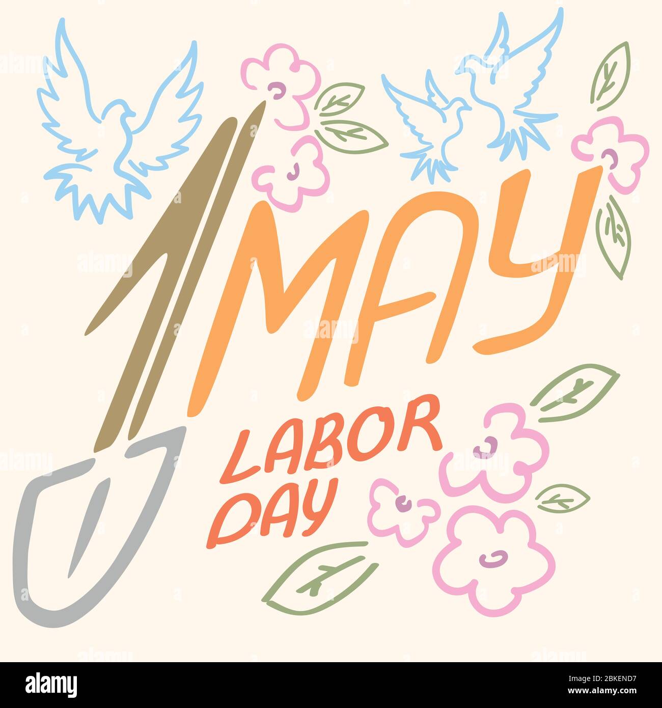 May 1 Labor Day logo symbol of pigeon, spring flowers spade holiday weekend. Stock Vector