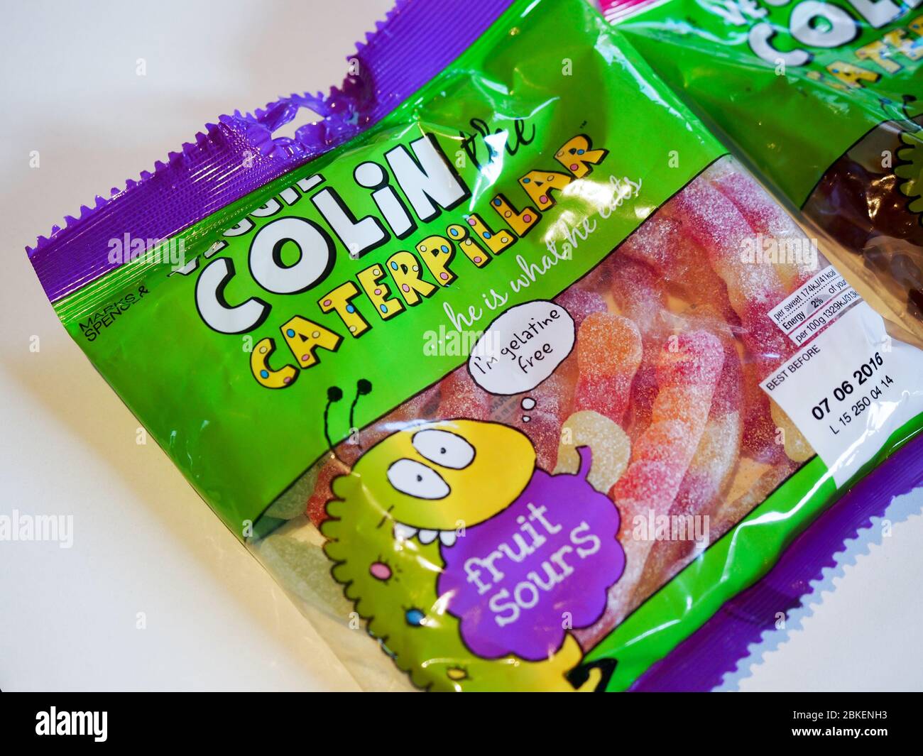 Veggie soft gum candy without gelatin from Marks & Spencer’s food - Veggie Percy and Colin Caterpillar Stock Photo