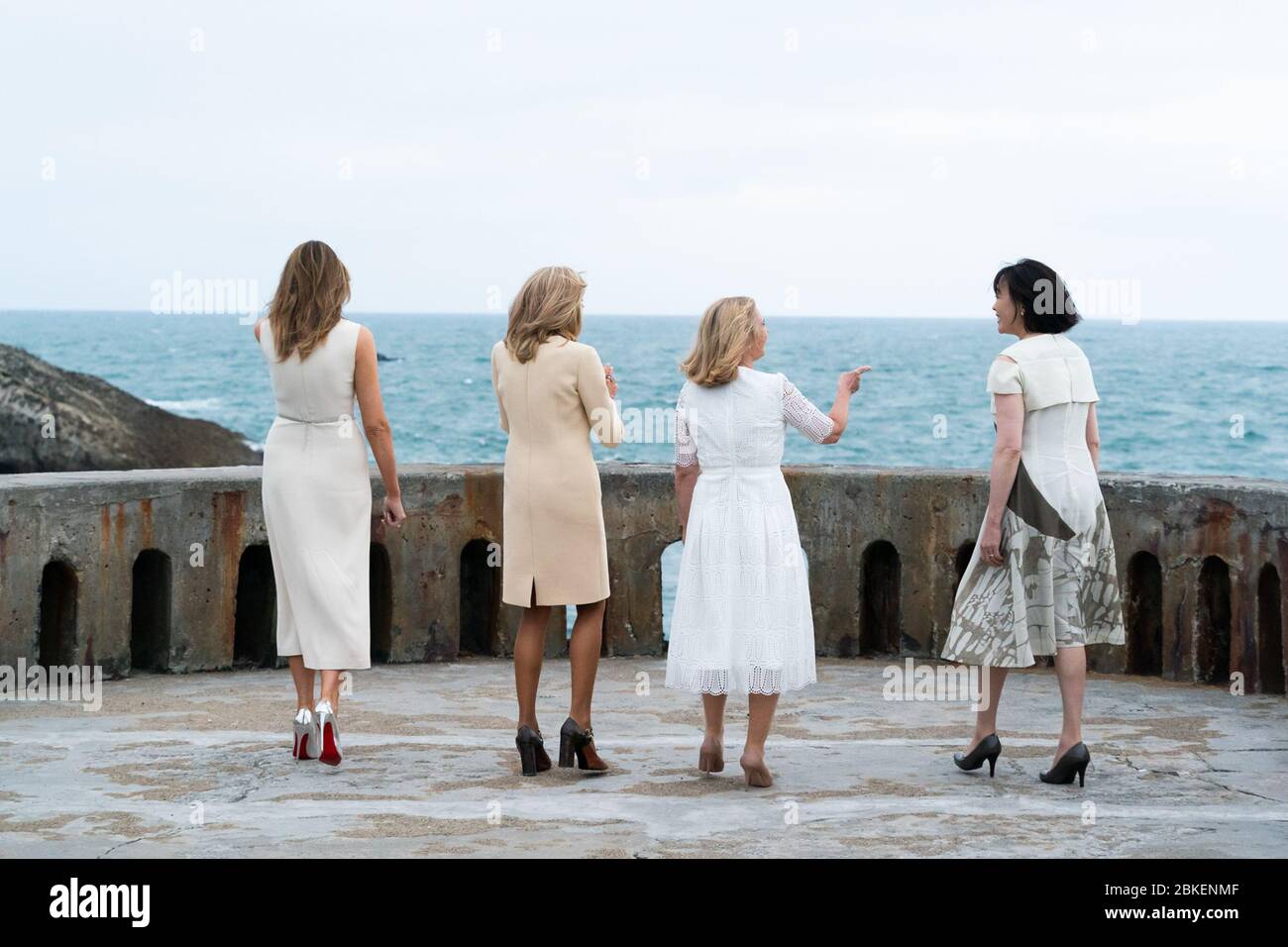 First Lady Melania Trump walks with Mrs. Brigitte Macron, wife of President Emmanuel Macron of France, Mrs. Malgorzata Tusk, wife of European Council President Donald Tusk, and Mrs. Akie Abe, wife of the Prime Minister of Japan Shinzo Abe, during the G7 Summit Saturday, Aug. 24, 2019, at the Rocher de la Vierge in Biarritz, France. #G7Biarritz Stock Photo
