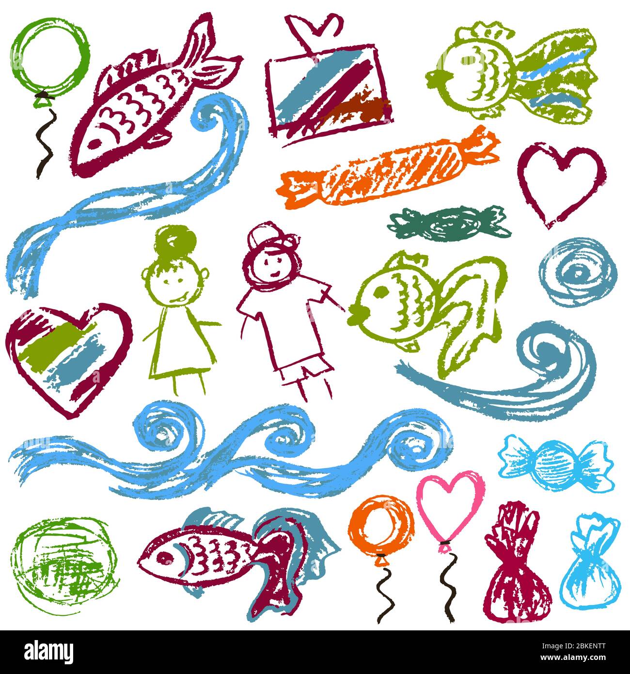 Set elements for your creativity. Children's drawings of wax crayons on a white background. Waves, fish, people, sweets Stock Vector
