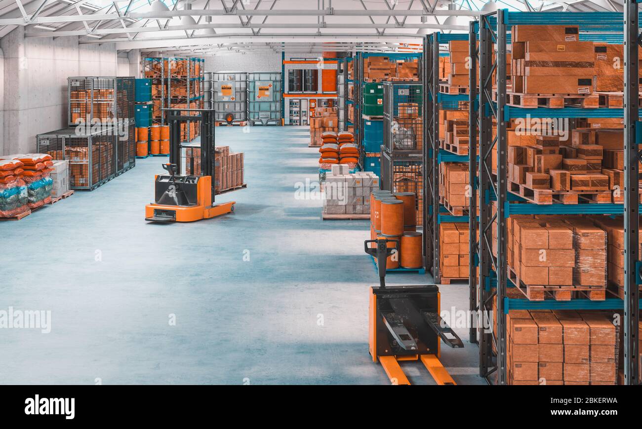 3d render image of a concrete storage warehouse with pallets and