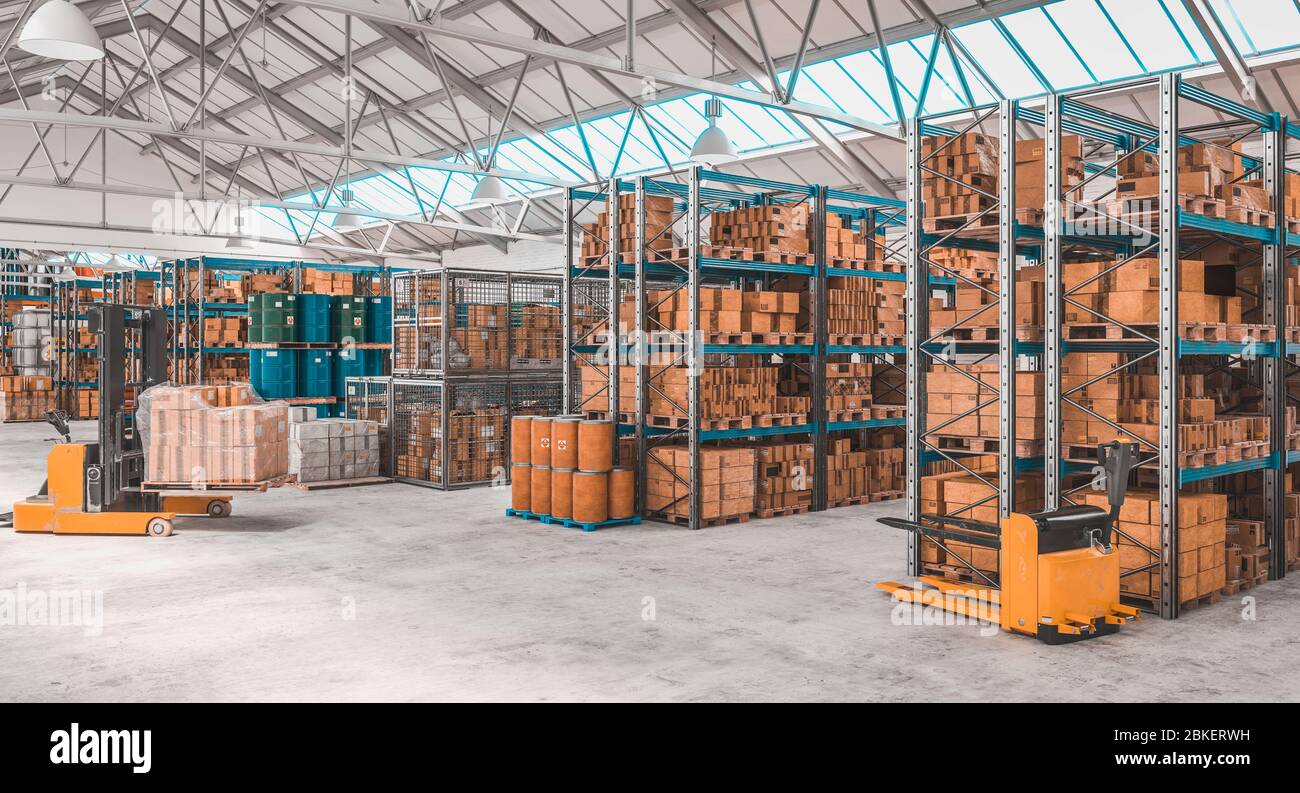 3d render image of a concrete storage warehouse with pallets and