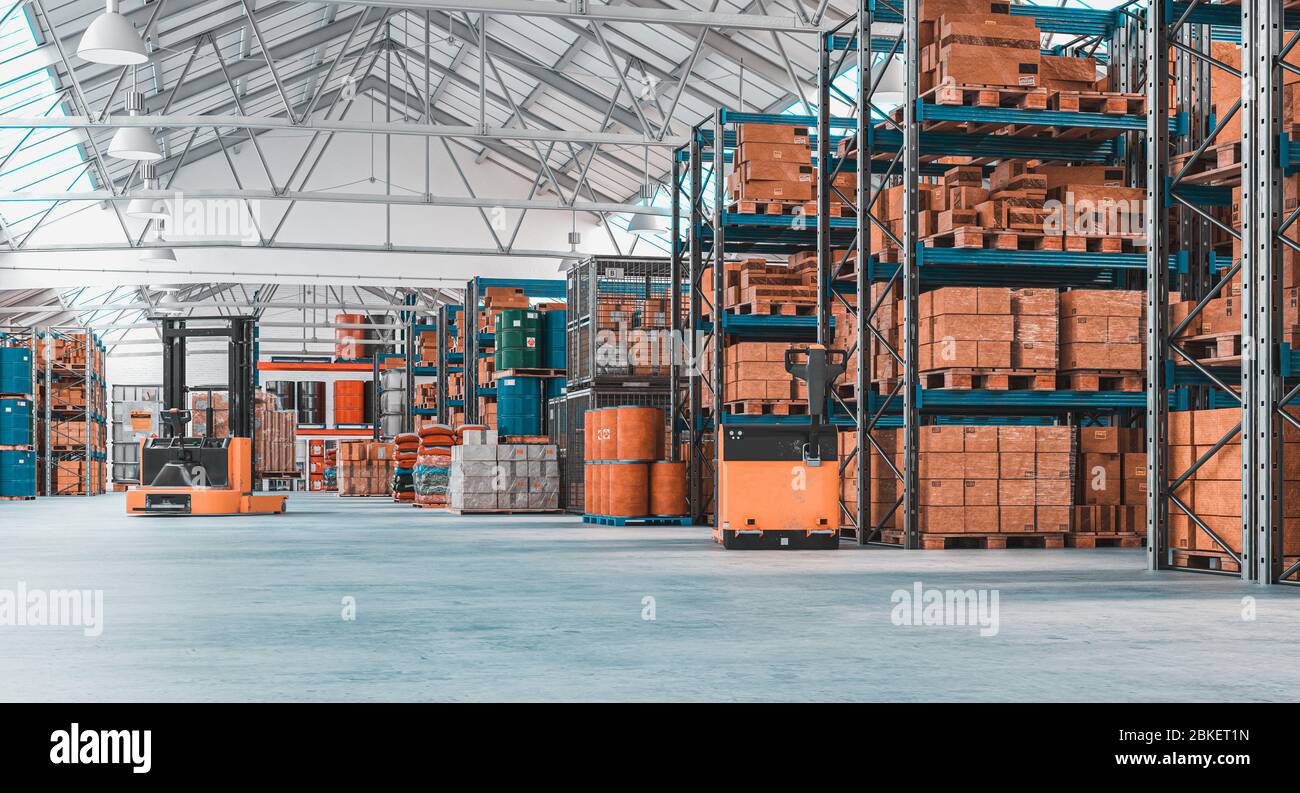 concrete storage warehouse with pallets and shelves full of goods
