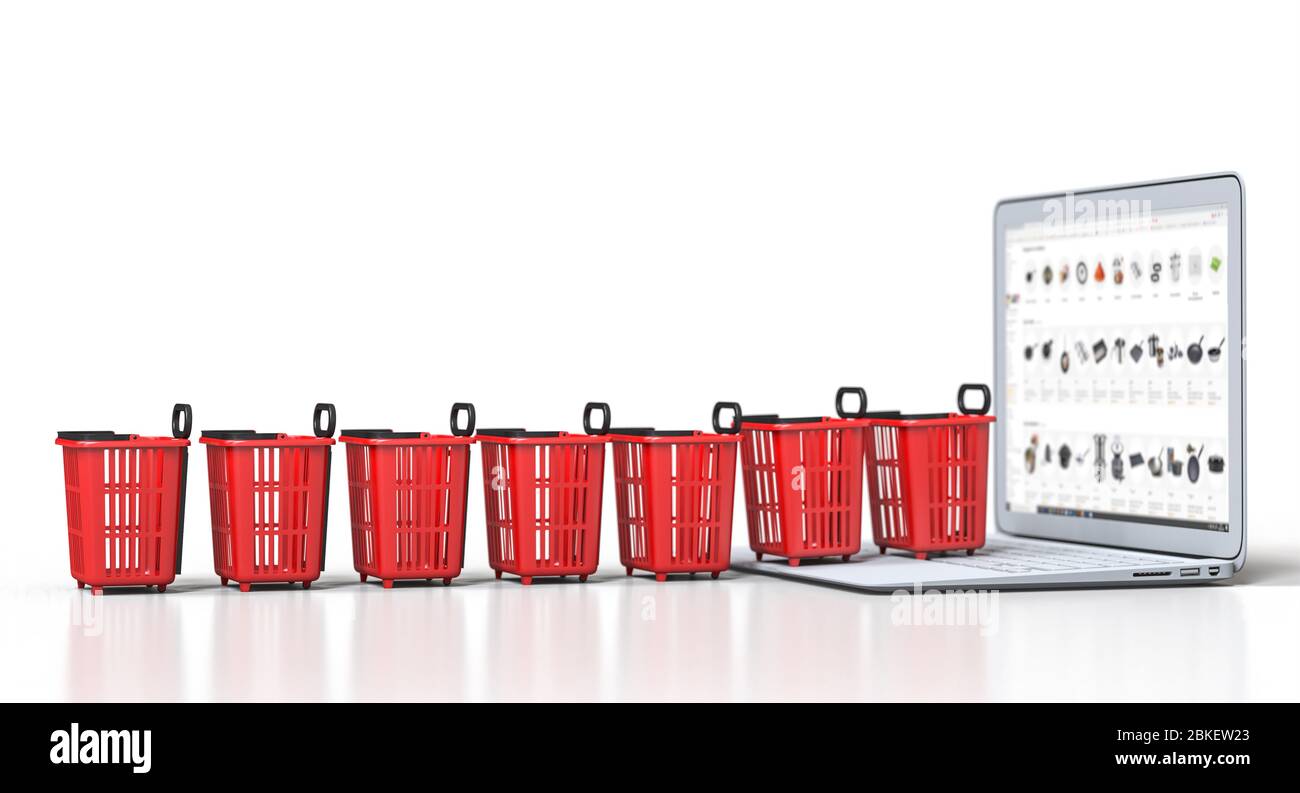 shopping cart lined up in front of a notebook on a white background. online shopping concept. selective focus. 3d render. Stock Photo