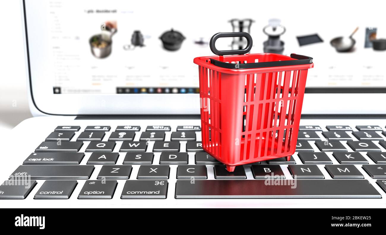 shopping basket of red color on a keyboard of a laptop, concept of e-commerce and online shopping. 3d render nobody around. Stock Photo