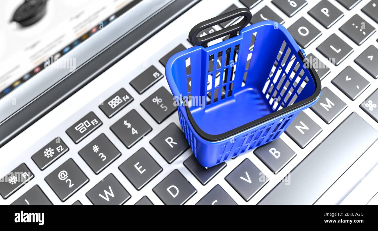 shopping basket of blue color on a keyboard of a laptop, concept of e-commerce and online shopping. 3d render nobody around. Stock Photo