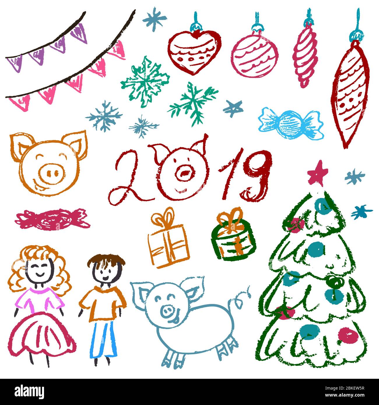 New Year 2019. New Year's set of elements for your creativity. Children's drawings of wax crayons on a white background. Christmas tree, fur-tree toys Stock Vector