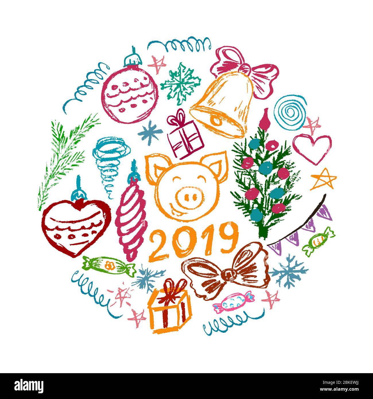 New Year 2019. New Year's set of elements for your creativity. Children's drawings of wax crayons on a white background. Christmas tree, fur-tree toys Stock Vector