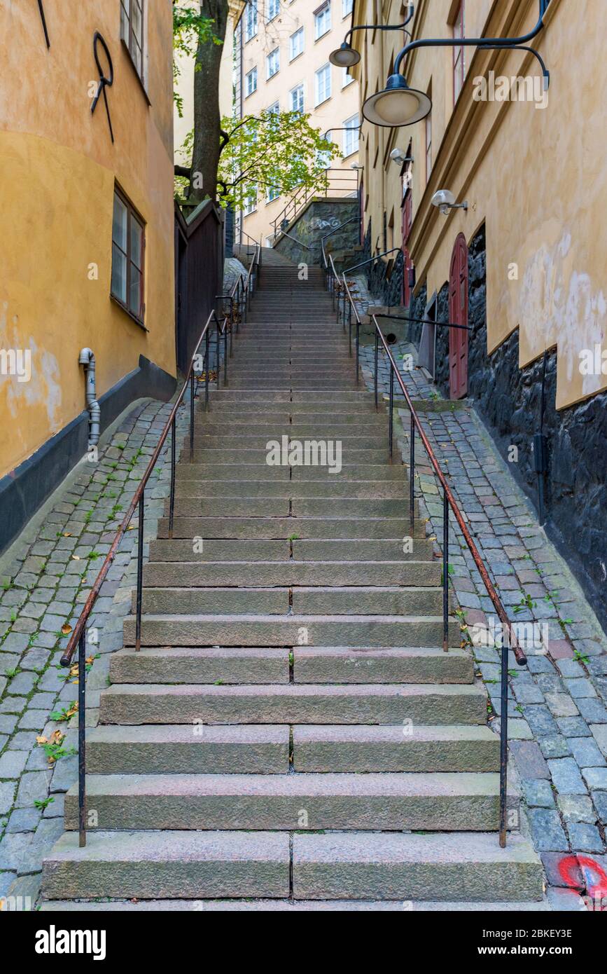 Street of stairs in Mariaberget, Södermalm, Stockholm, Stockholm County or Stockholms län, Sweden Stock Photo
