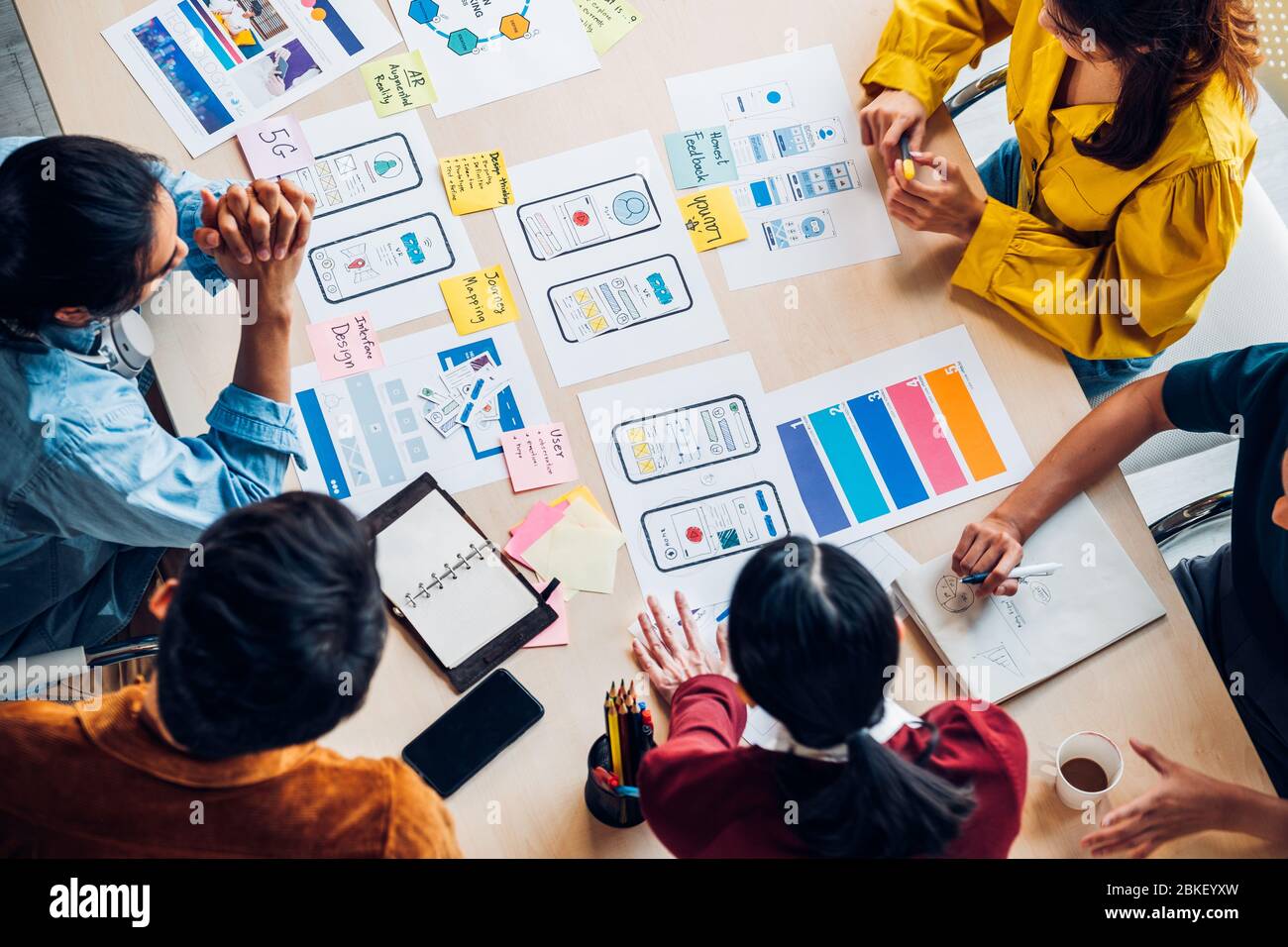 top view asian ux developer and ui designer brainstorming about mobile app  interface wireframe design on table with customer brief and color code at m  Stock Photo - Alamy