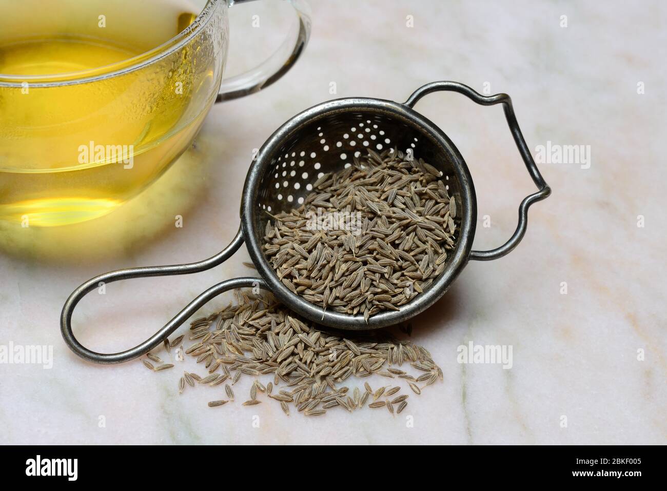 Caraway seeds in tea strainer and cup of caraway tea, food photography, studio shot, Germany Stock Photo