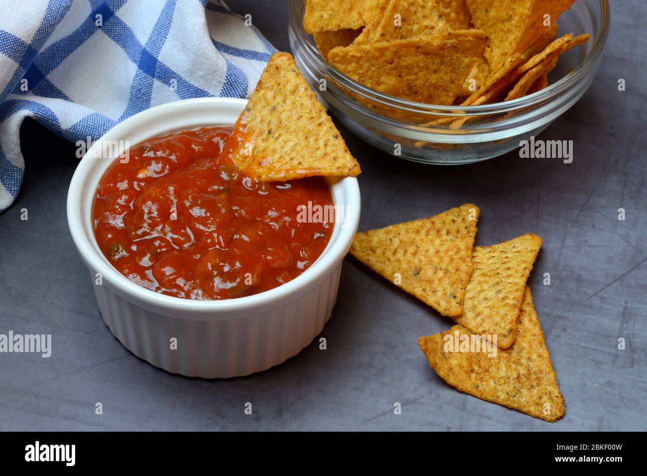 Salsa sauce in shell and tortilla chips, food photography, studio shot, Germany Stock Photo