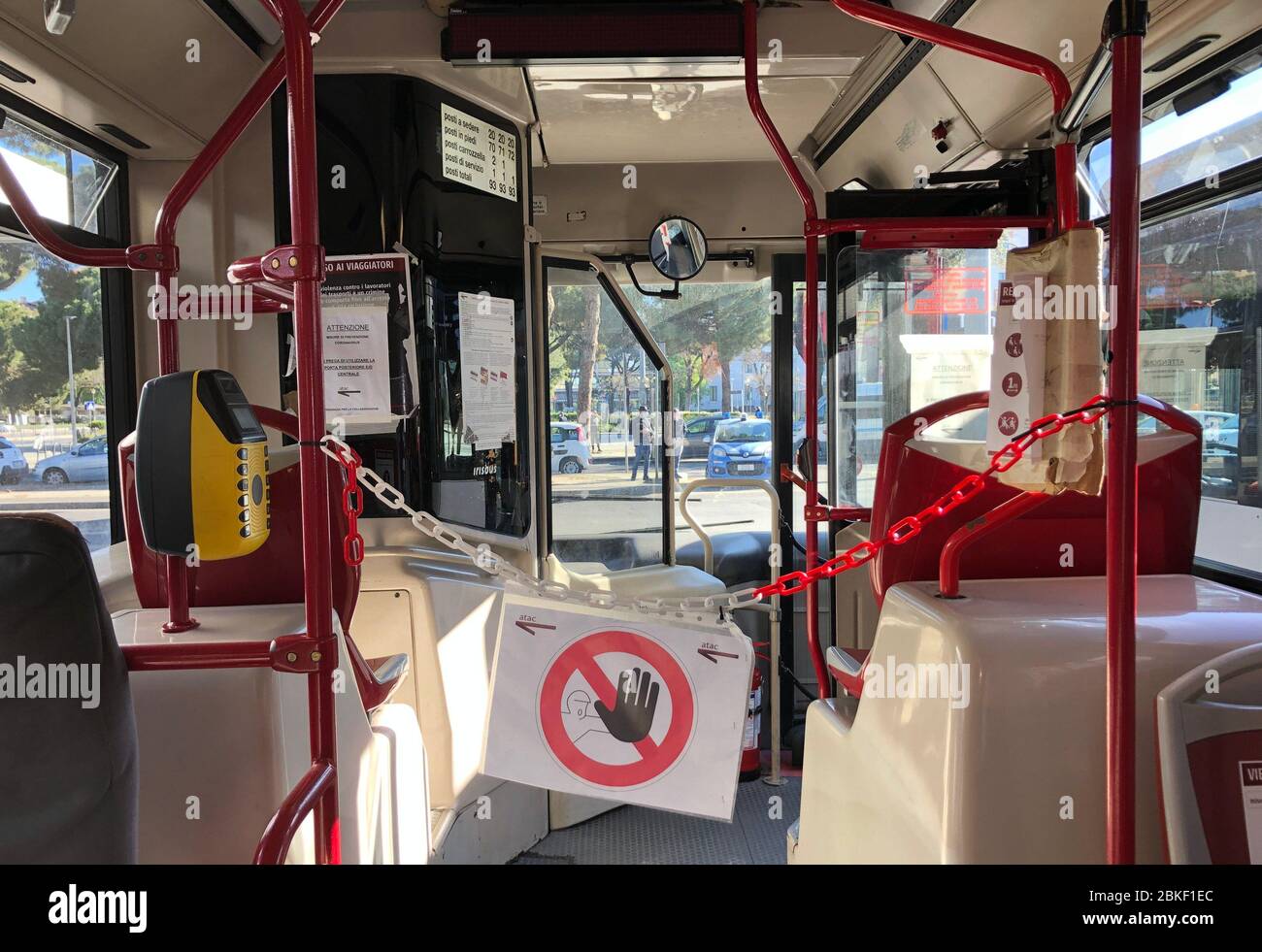 Rom, Italy. 04th May, 2020. A chain and a prohibition sign blocks the driver's area in a bus. After almost two long months, Italy has relaxed the curfews, which were among the strictest in Europe. Credit: Alvise Armellini/dpa/Alamy Live News Stock Photo