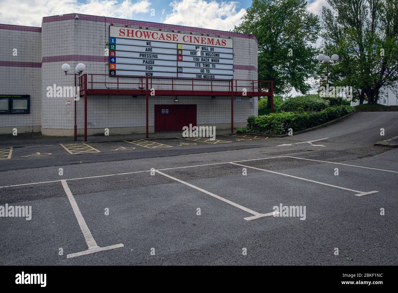 Message on a cinema which was closed during the coronavirus pandemic lockdown, Derby, England, May 2020 Stock Photo