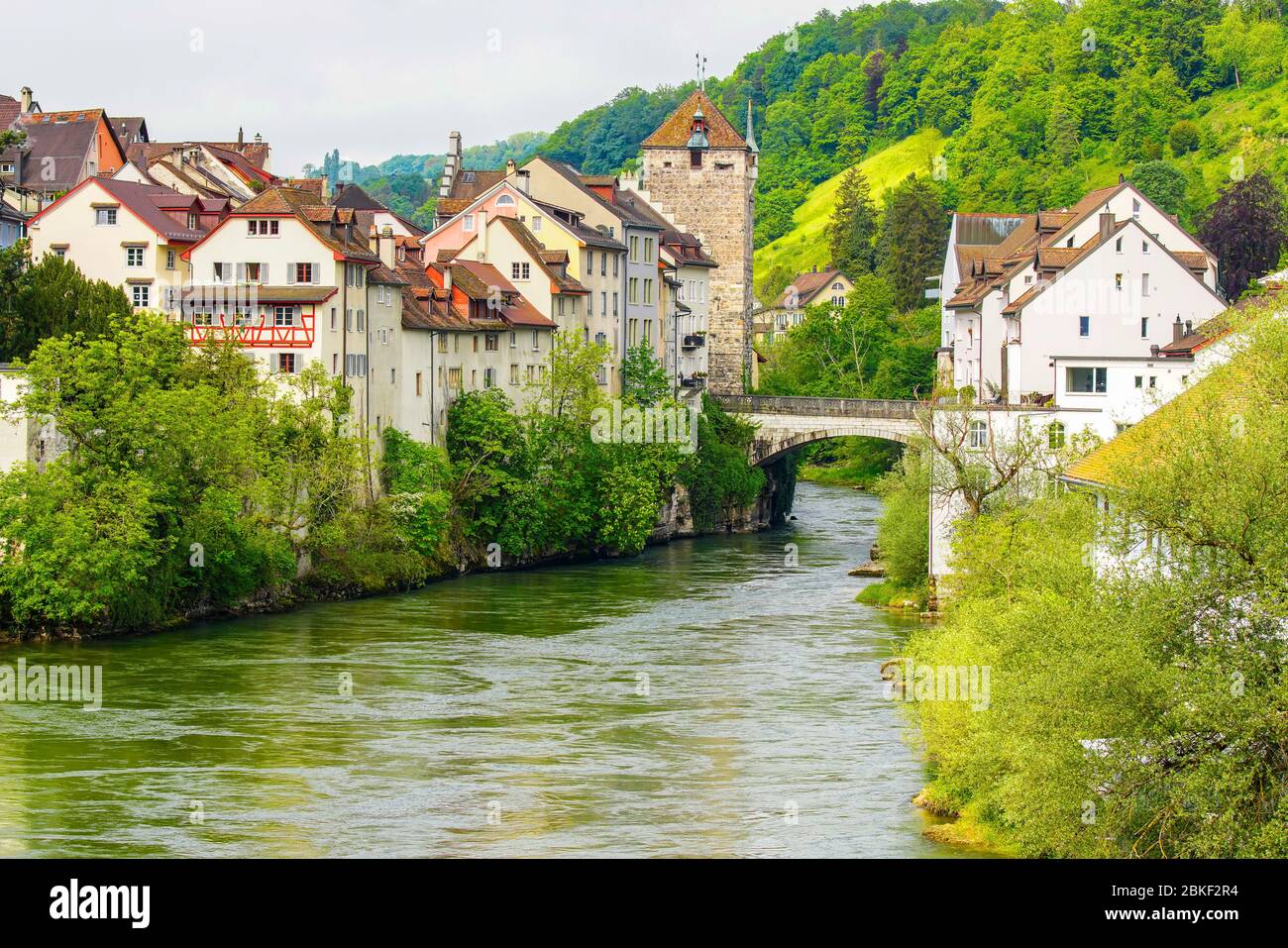 The Black Tower and Aare river in the historic old town of Brugg, Switzerland. Stock Photo
