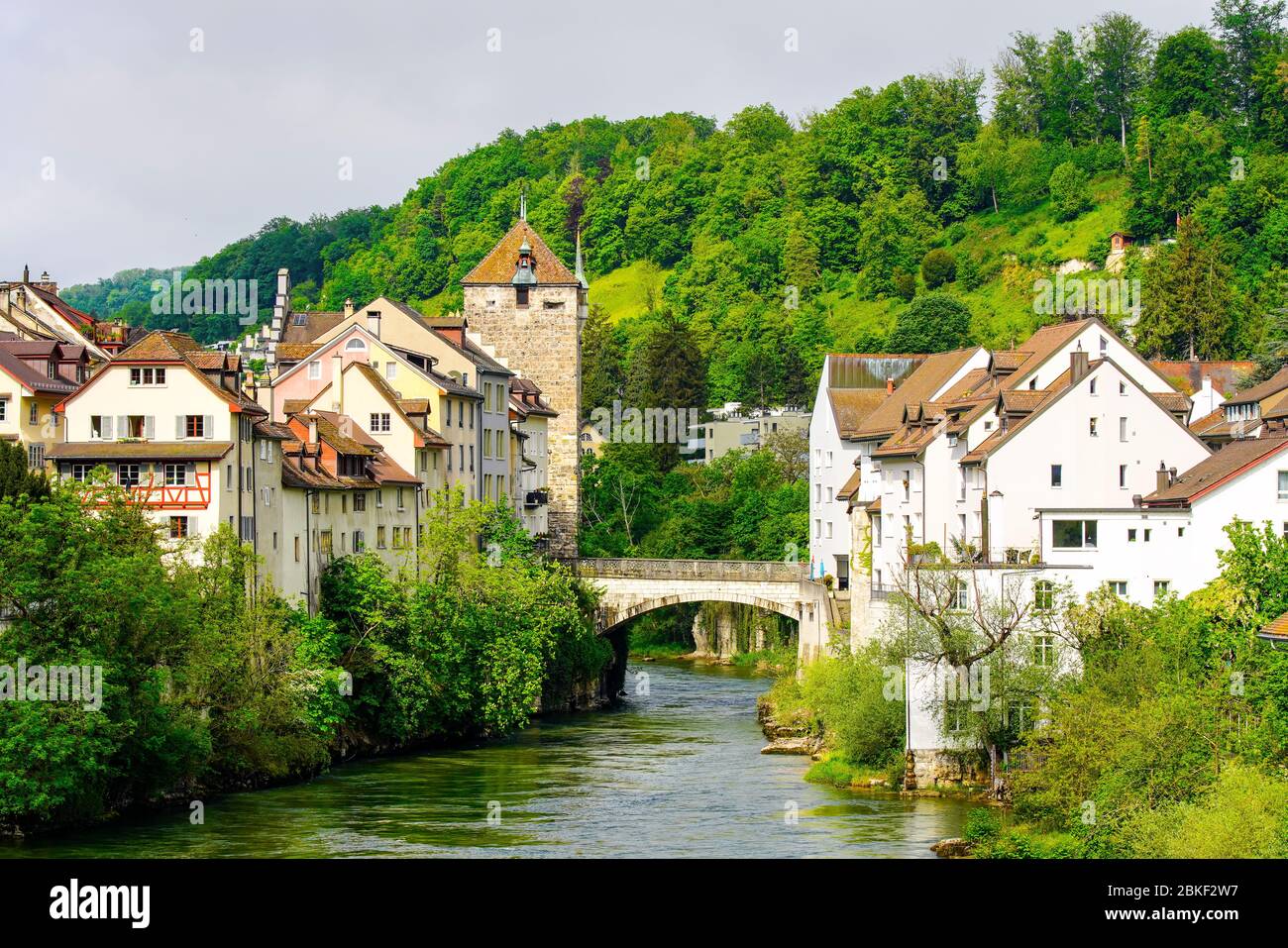 The Black Tower and Aare river in the historic old town of Brugg, Switzerland. Stock Photo