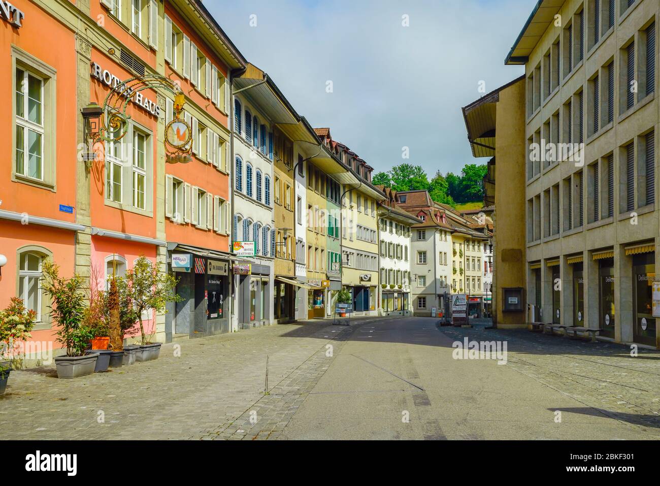 View of colorful main street (Hauptstrasse) in historic town old town Brugg, Switzerland. Stock Photo