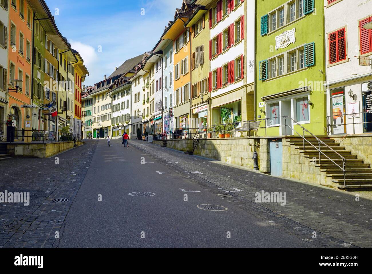 View of colorful main street (Hauptstrasse) in historic old town Brugg, Switzerland. Stock Photo