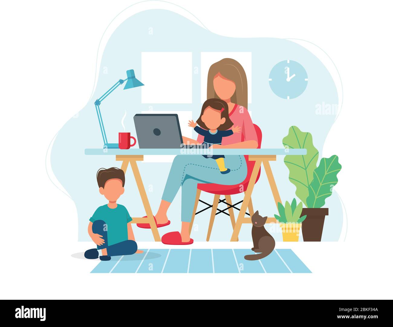 Home office concept. Woman working from home with kids in cozy modern  interior. Vector illustration in flat style Stock Vector Image & Art - Alamy