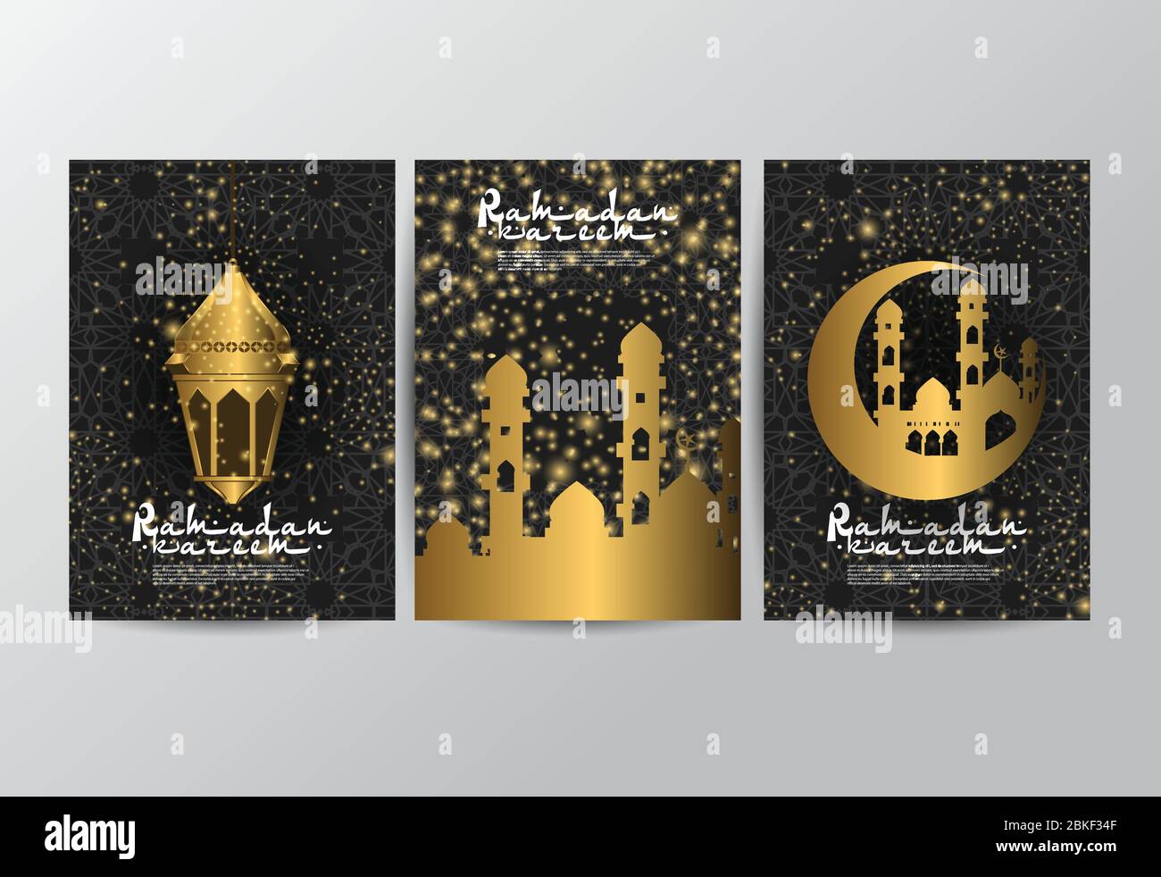 set of Ramadan kareem invitation design with lantern and mosque golden color. poster and template design. Vector Stock Vector