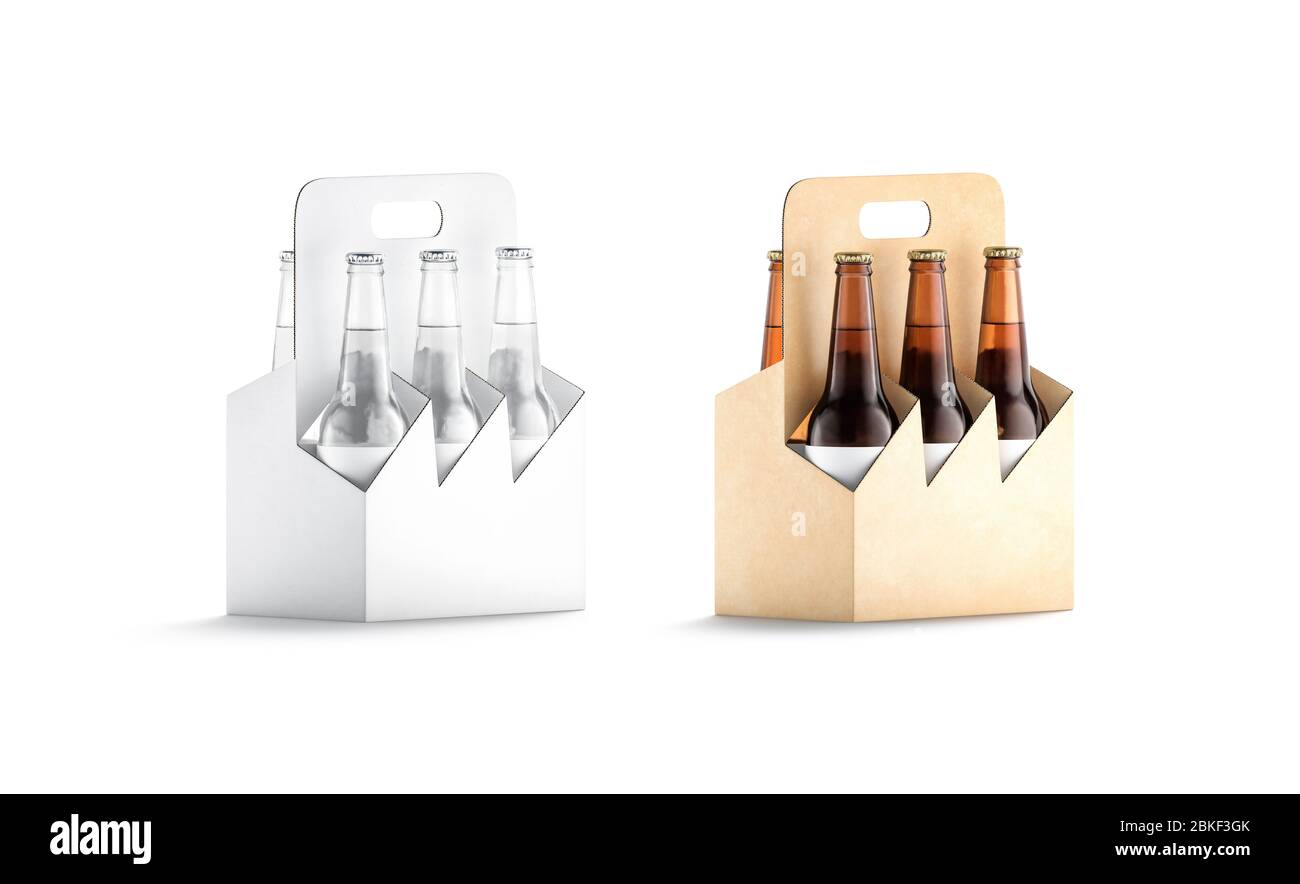Blank craft and white glass beer bottle cardboard holder mockup Stock Photo