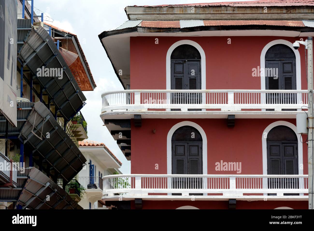 Construction and restoration of Spanish colonial architecture buildings in the old town of Casco Viejo, Panama City, Panama Stock Photo