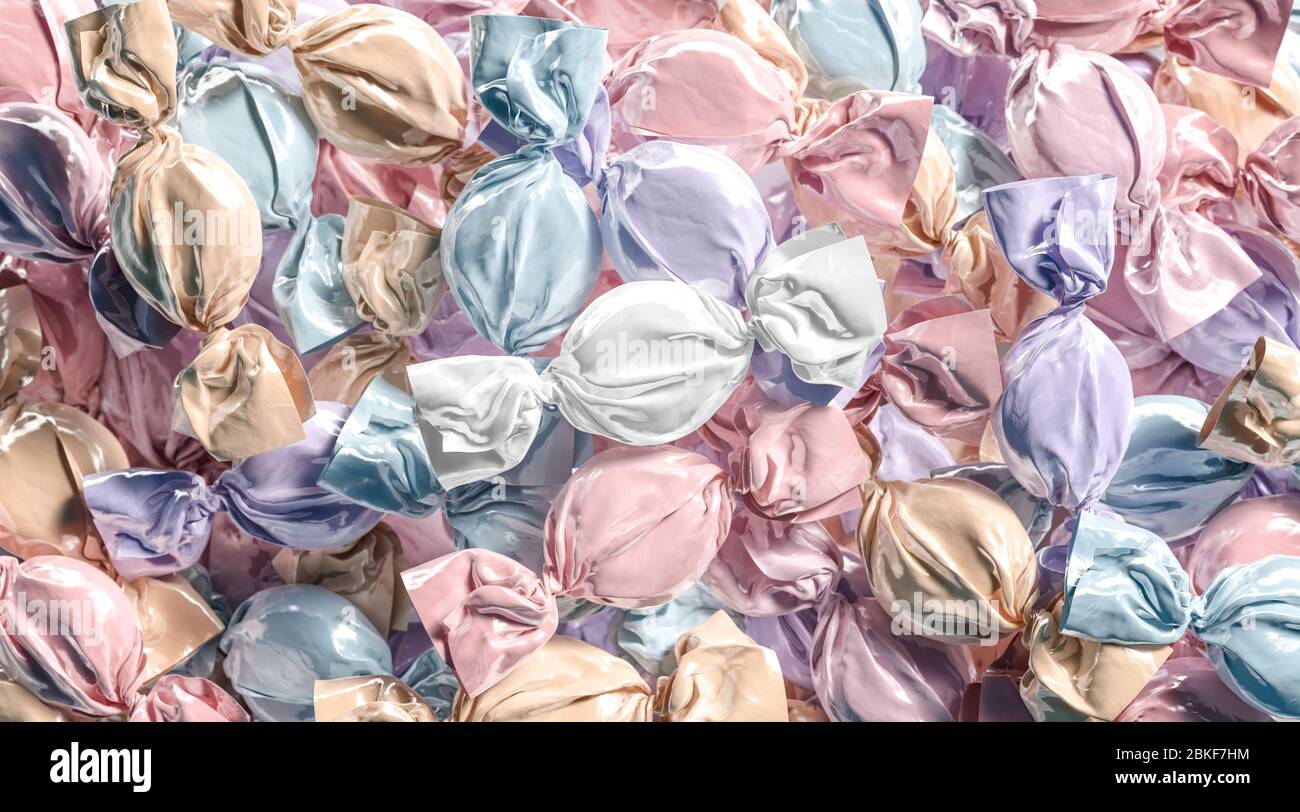 Blank colored hard candy foil wrapper mock up stack Stock Photo