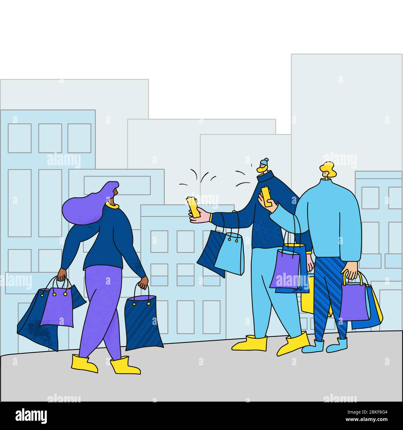 Two friends meeting local celebrity and taking her picture. Three characters with shopping bags talking at the street. Sale concept. Vector illustrati Stock Vector