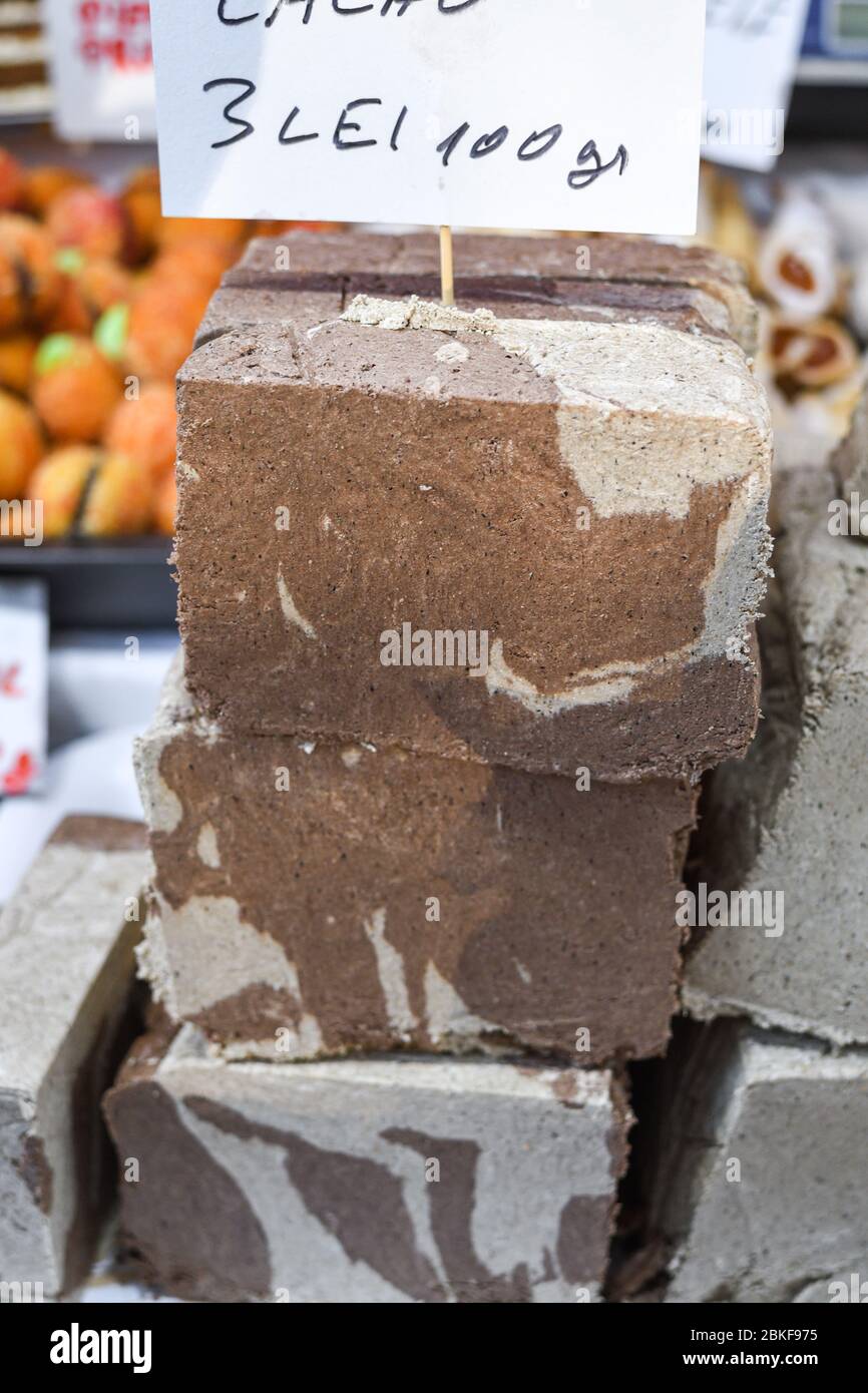 Sesame and tahina halva dessert with sesame paste and cacao stack for