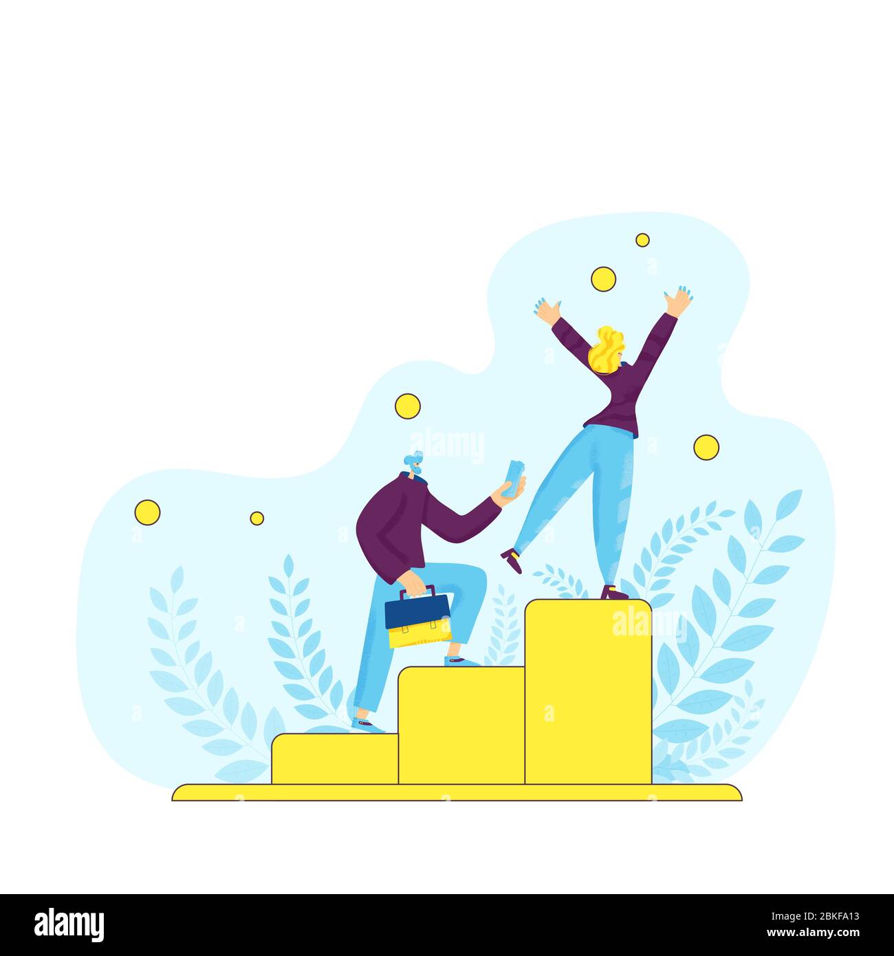 Career development concept. Two persons running up stairs. Business