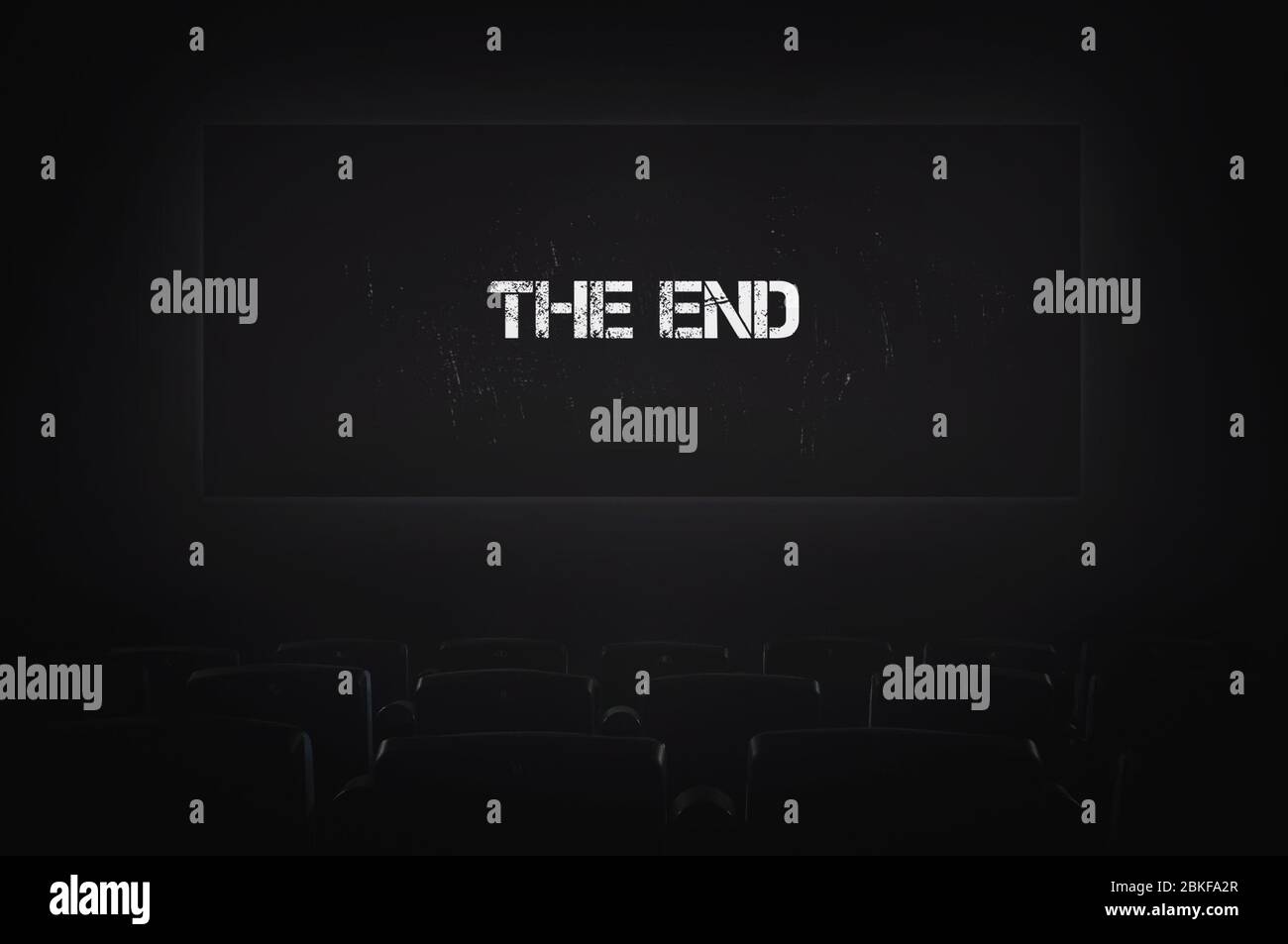 Empty Cinema, End Of Film. Captions On Screen After Show Film. Failure In Film Distribution. inscription the end. problems in the movie business due t Stock Photo