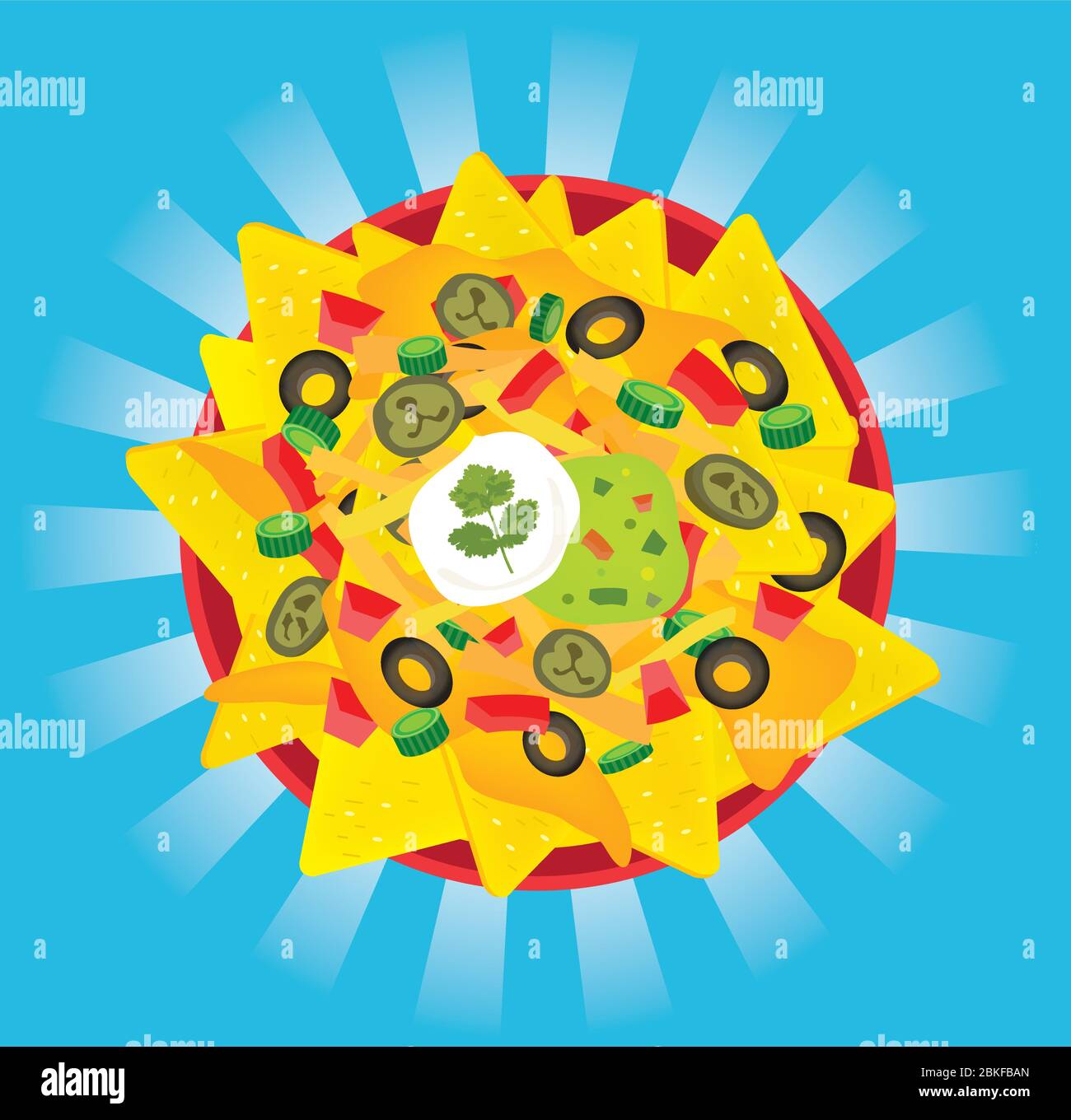 Loaded cheese nacho plate with sour cream and guacamole Stock Vector