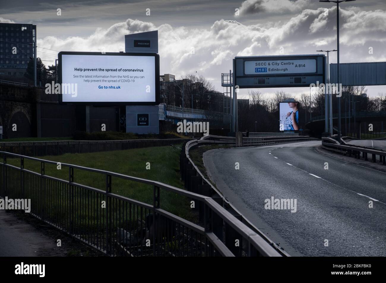 Information Billboards along Glasgow's expressway during the Covid-19 lockdown. Stock Photo