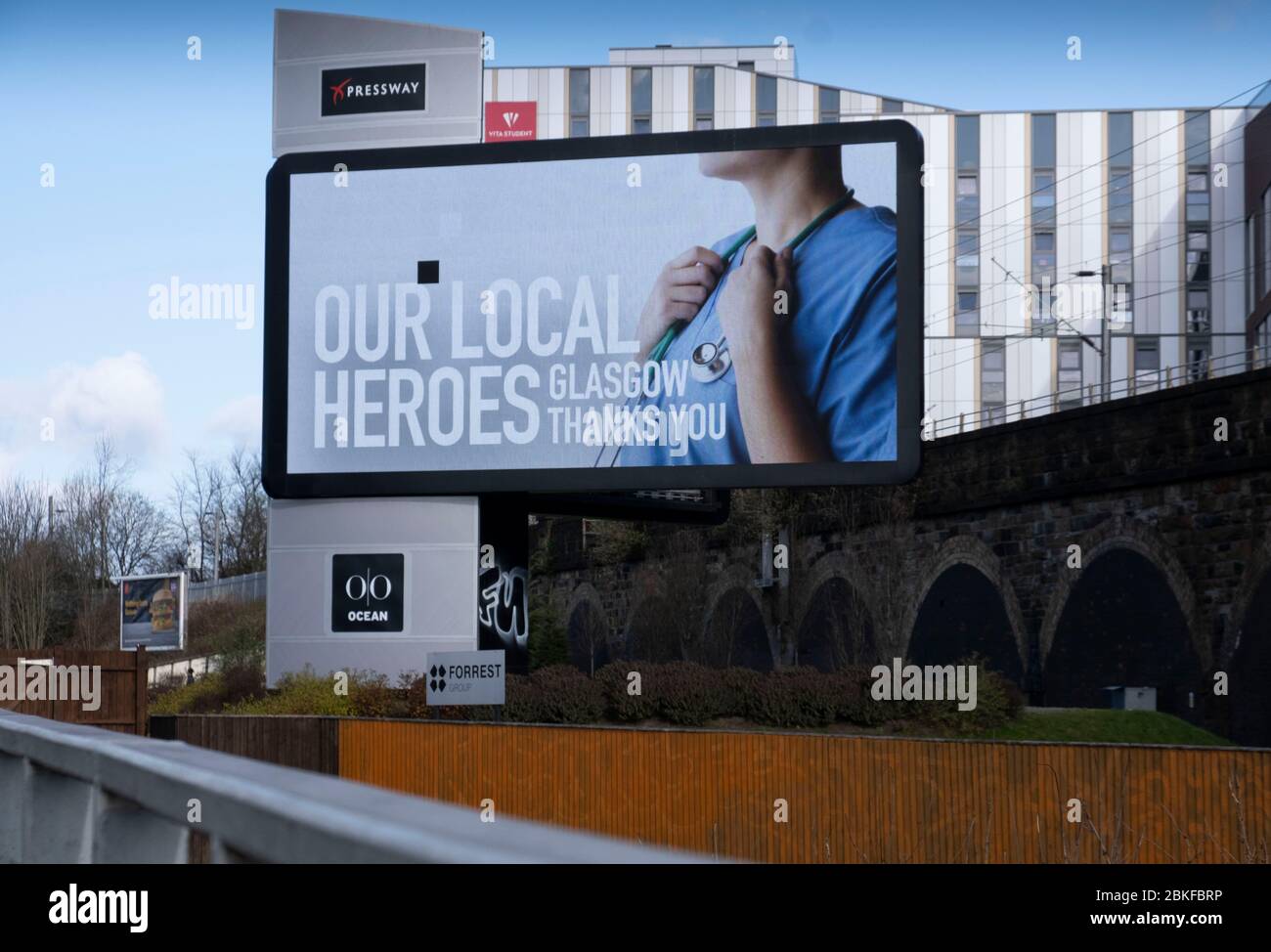 Information Billboards along Glasgow's expressway during the Covid-19 lockdown. Stock Photo