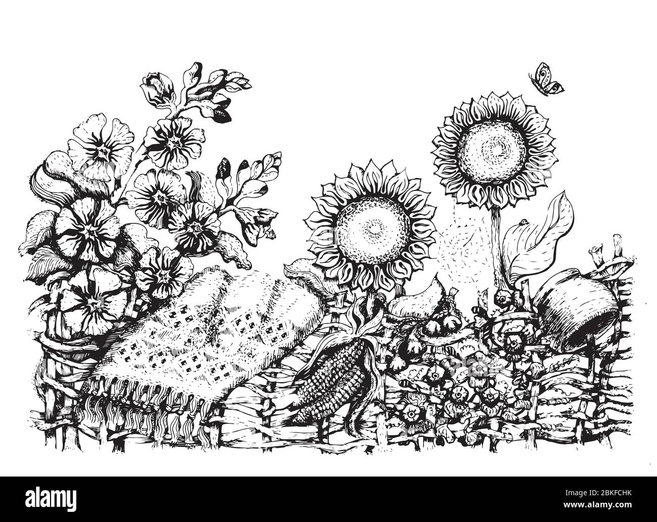 Ukrainian fence with sunflowers, hollyhock. Folk art Stock Vector Image