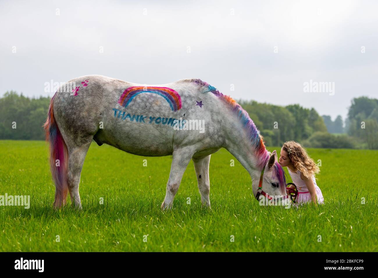 Bridgnorth, Shropshire, UK. 4th May, 2020. 8-year-old Amber Price, of Bridgnorth, with her New Forest Pony, Bear. Bear has been painted with a 'thank you' to the NHS using special pony paint. Credit: Peter Lopeman/Alamy Live News Stock Photo