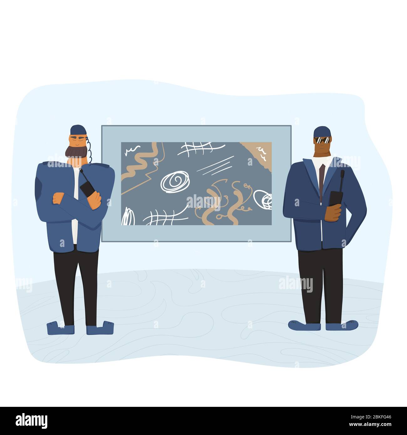 Security guard standing at the museum and protecting a picture. Two men wearing in a guards uniform saving a contemporary art painting. Vector flat il Stock Vector