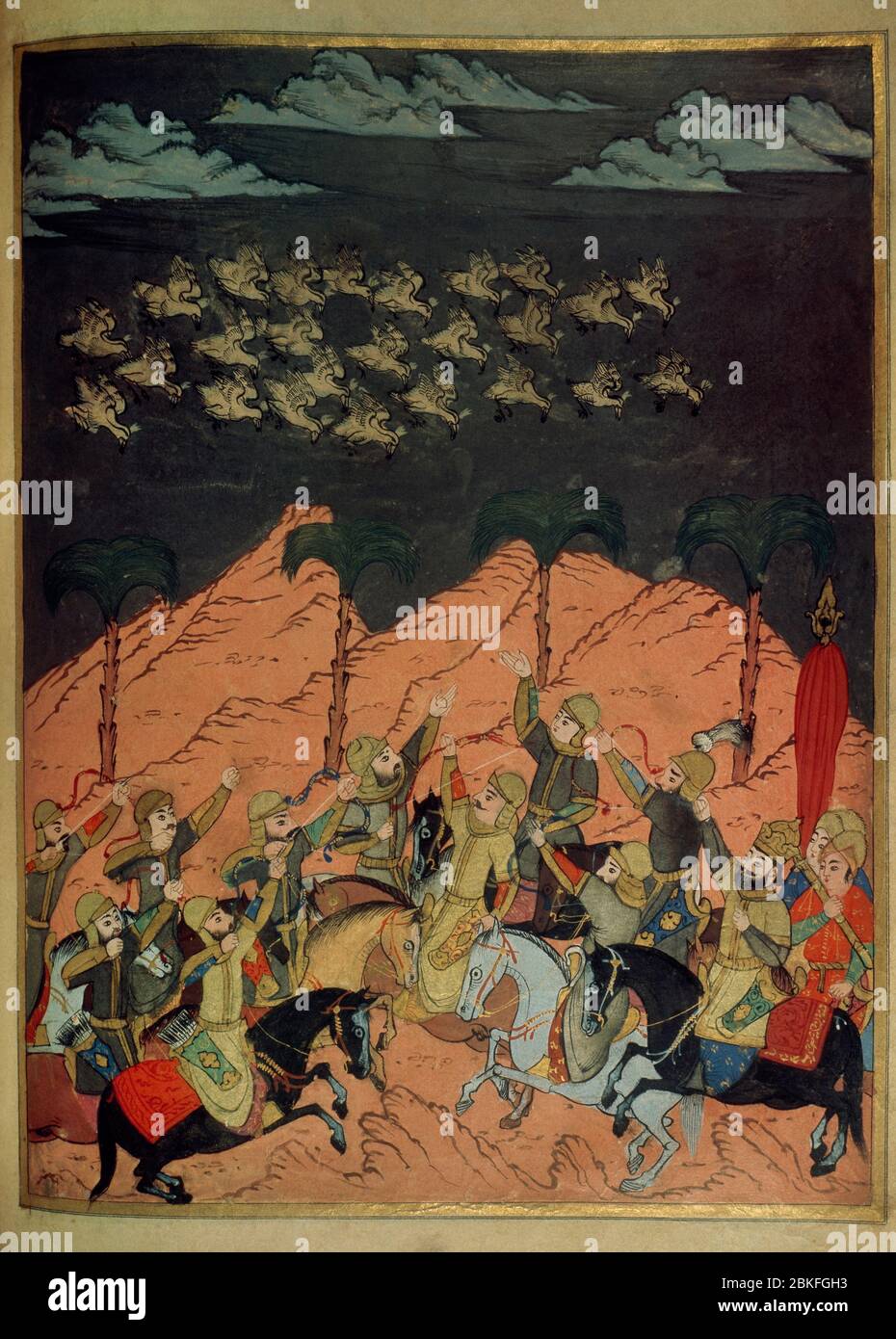 When Abrahah's forces neared the Kaaba, Allah commanded birds to destroy Yemenis' army, raining down pebbles on it from their beaks. Abrahah retreated towards Yemen. Persian miniature. Topkapi Museum. Istanbul, Turkey. Stock Photo