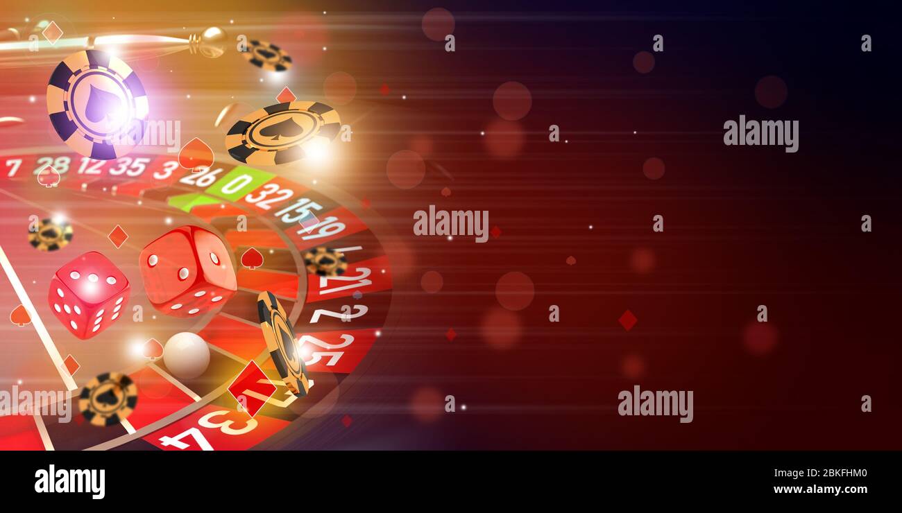 Casino Roulette theme background illustration with roulette wheel, flying casino chips and dice Stock Photo