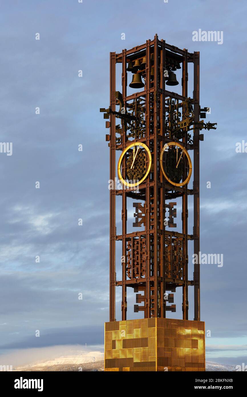 Clock tower. Kristallen Kiruna, Kiruna, Sweden. Architect: Henning Larsen, 2018. Stock Photo