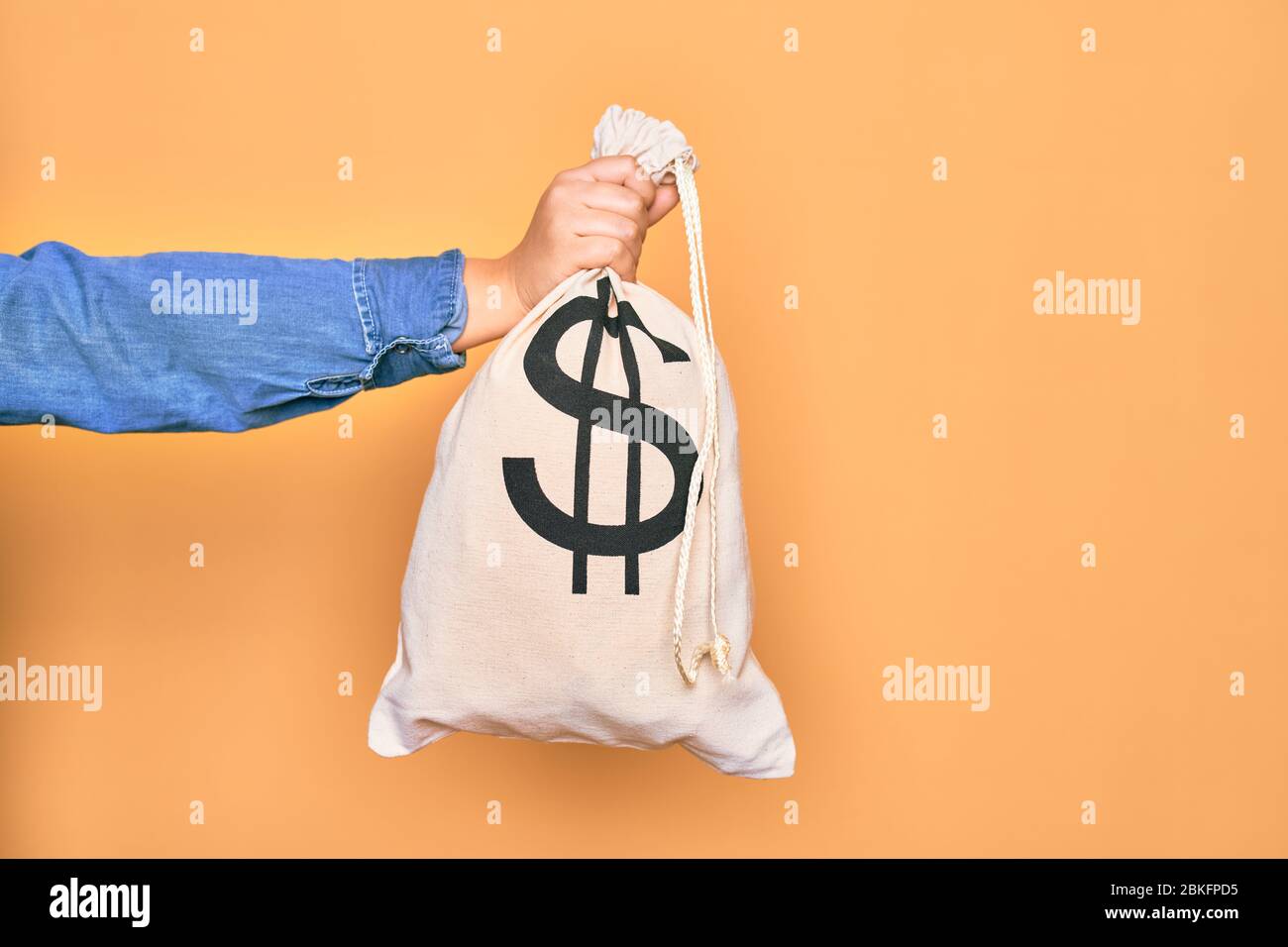 Hand of caucasian young woman holding bag with dollar symbol over