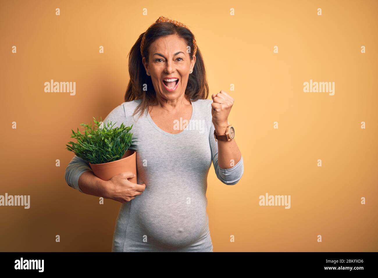 Middle age pregnant woman expecting baby holding plant pot screaming proud and celebrating victory and success very excited, cheering emotion Stock Photo