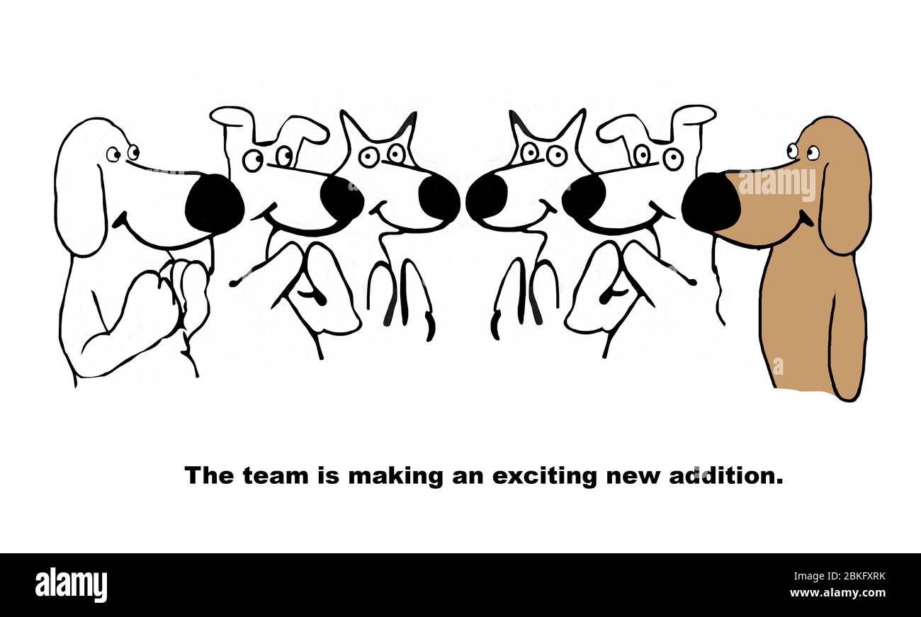 Cartoon of dog team members applauding their new member. Stock Photo
