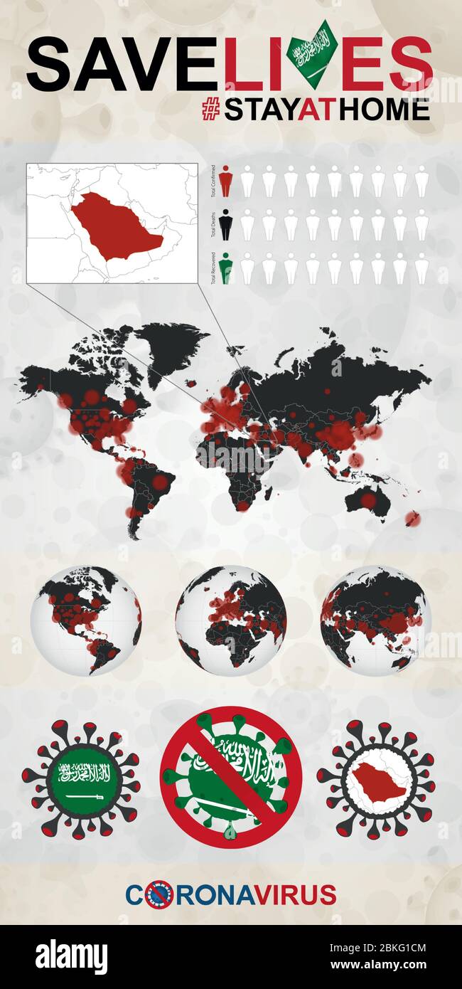 Infographic about Coronavirus in Saudi Arabia - Stay at Home, Save Lives. Saudi Arabia Flag and Map, World Map with COVID-19 cases. Stock Vector