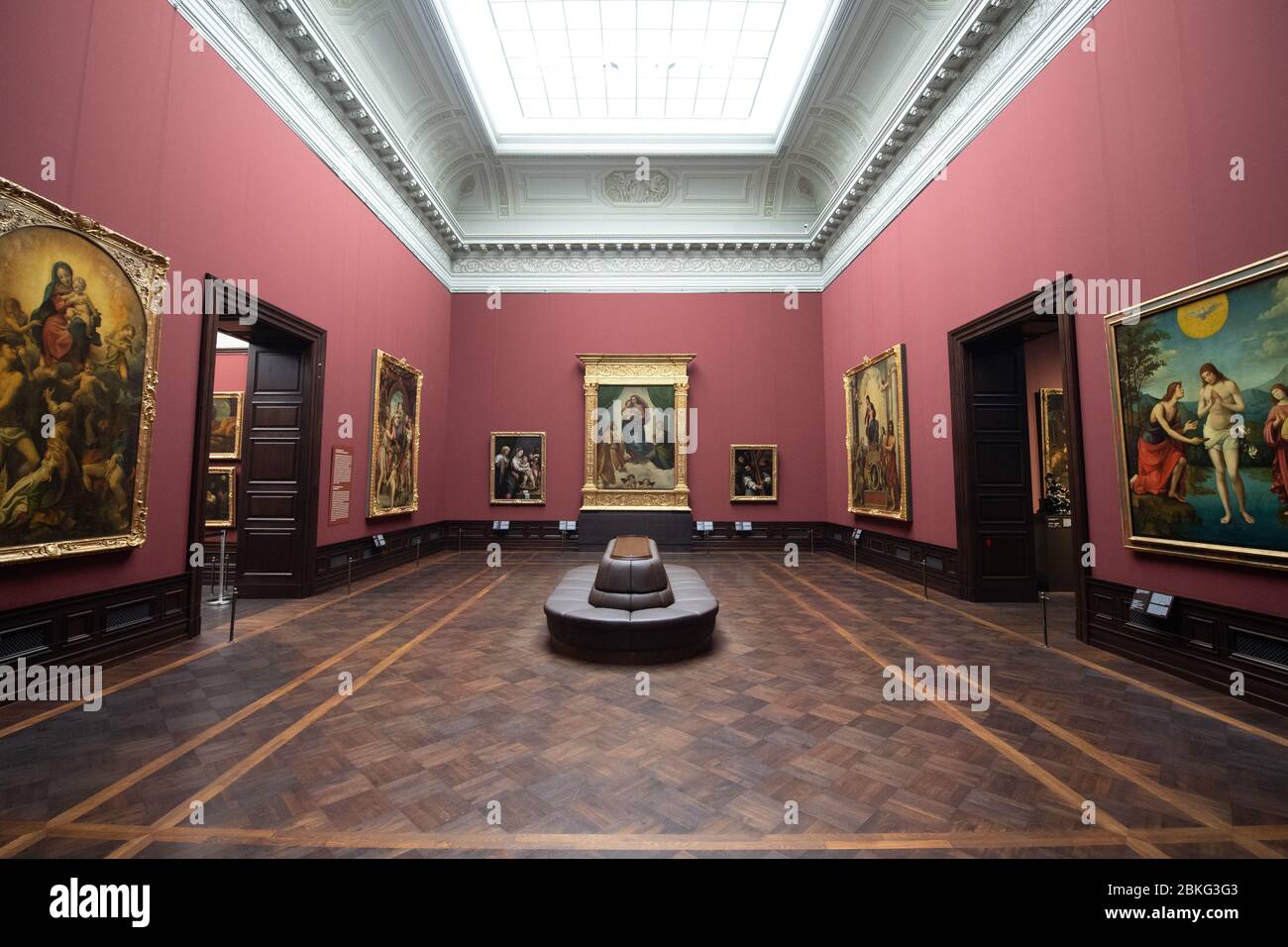 Dresden, Germany. 04th May, 2020. The painting 'Sistine Madonna' (M) by Raphael hangs in the Old Masters Picture Gallery. Saxon museums will open in the next days and weeks with a time delay and with restrictions. Credit: Sebastian Kahnert/dpa-Zentralbild/dpa/Alamy Live News Stock Photo