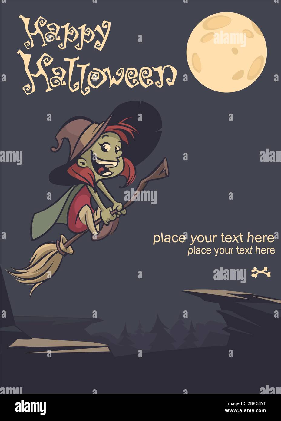 Halloween background with cute witch flying on her broom on a full moon ...