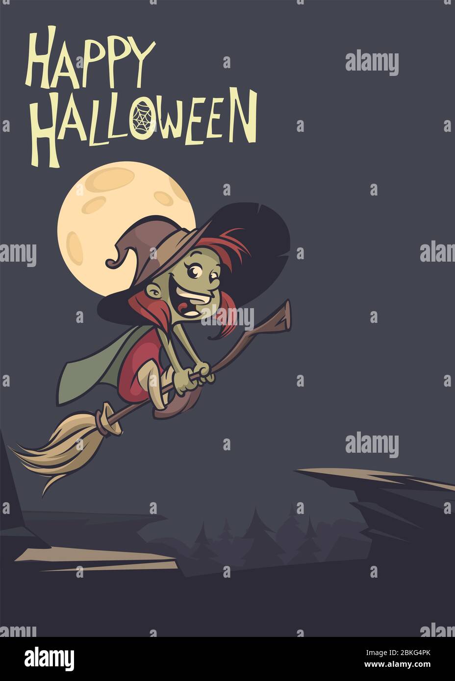 Halloween background with cute witch flying on her broom on a full moon ...