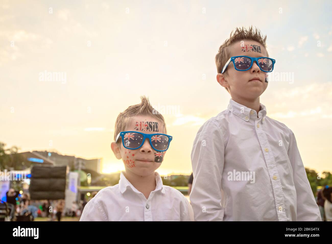 Two Australian boys celebrating Australia Day in Adelaide city Stock Photo